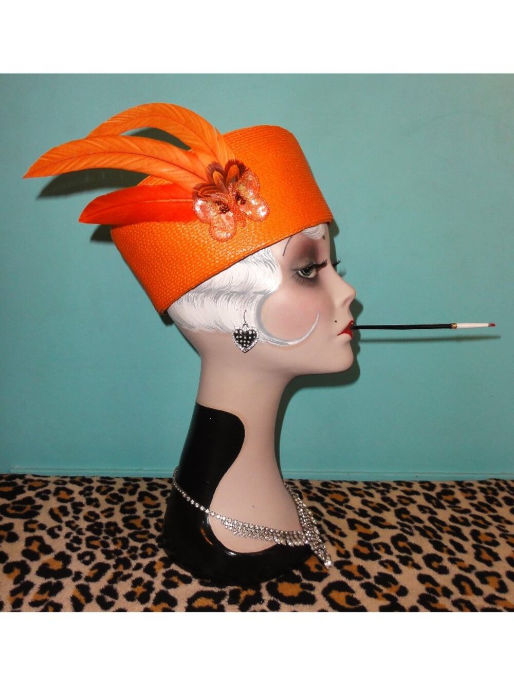 Vintage Orange Fischer Pillbox Hat w/ Feathers church hat pinup retro